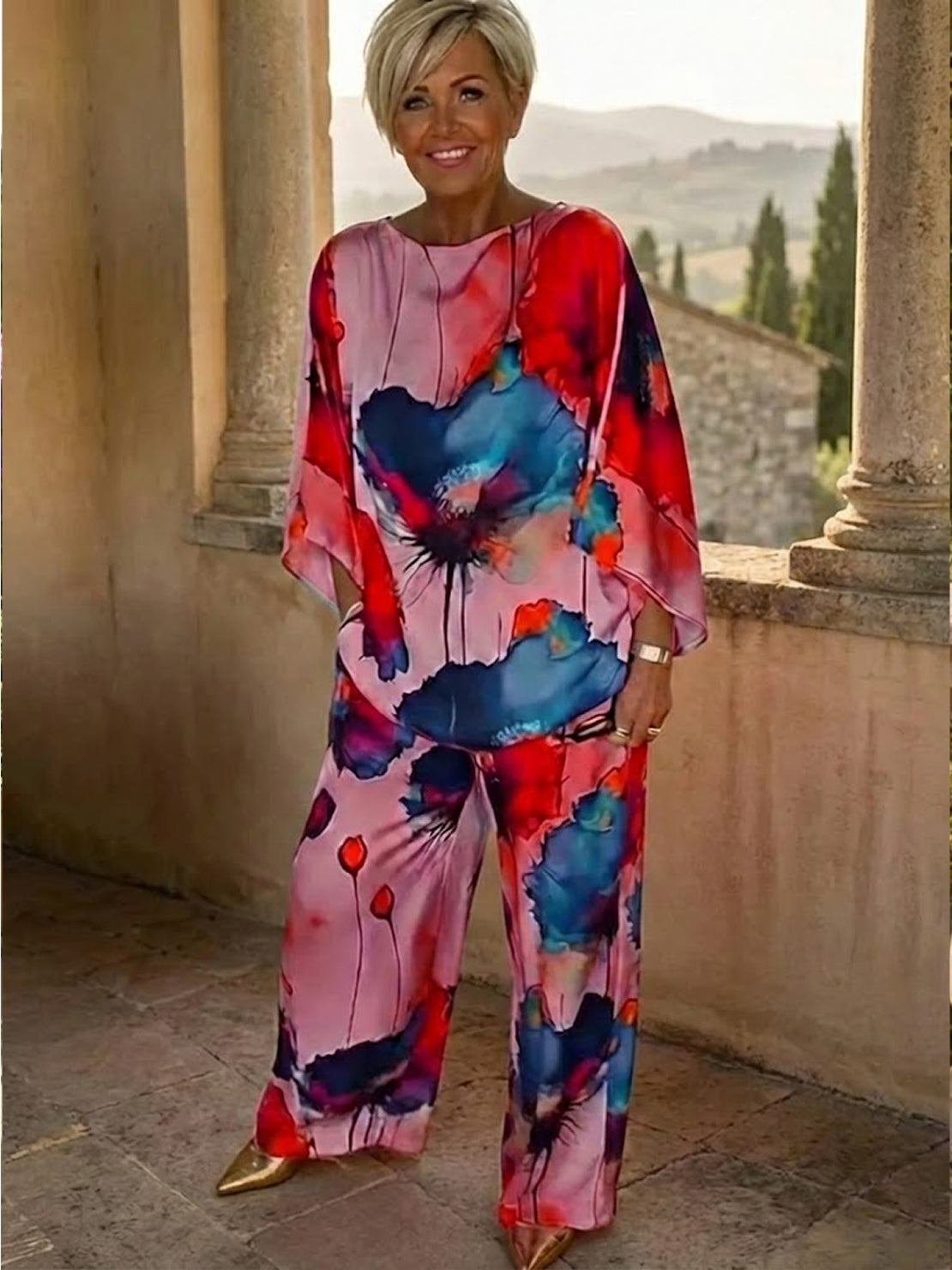 Plus size vibrant floral matching set with soft breathable fabric and elastic waistband