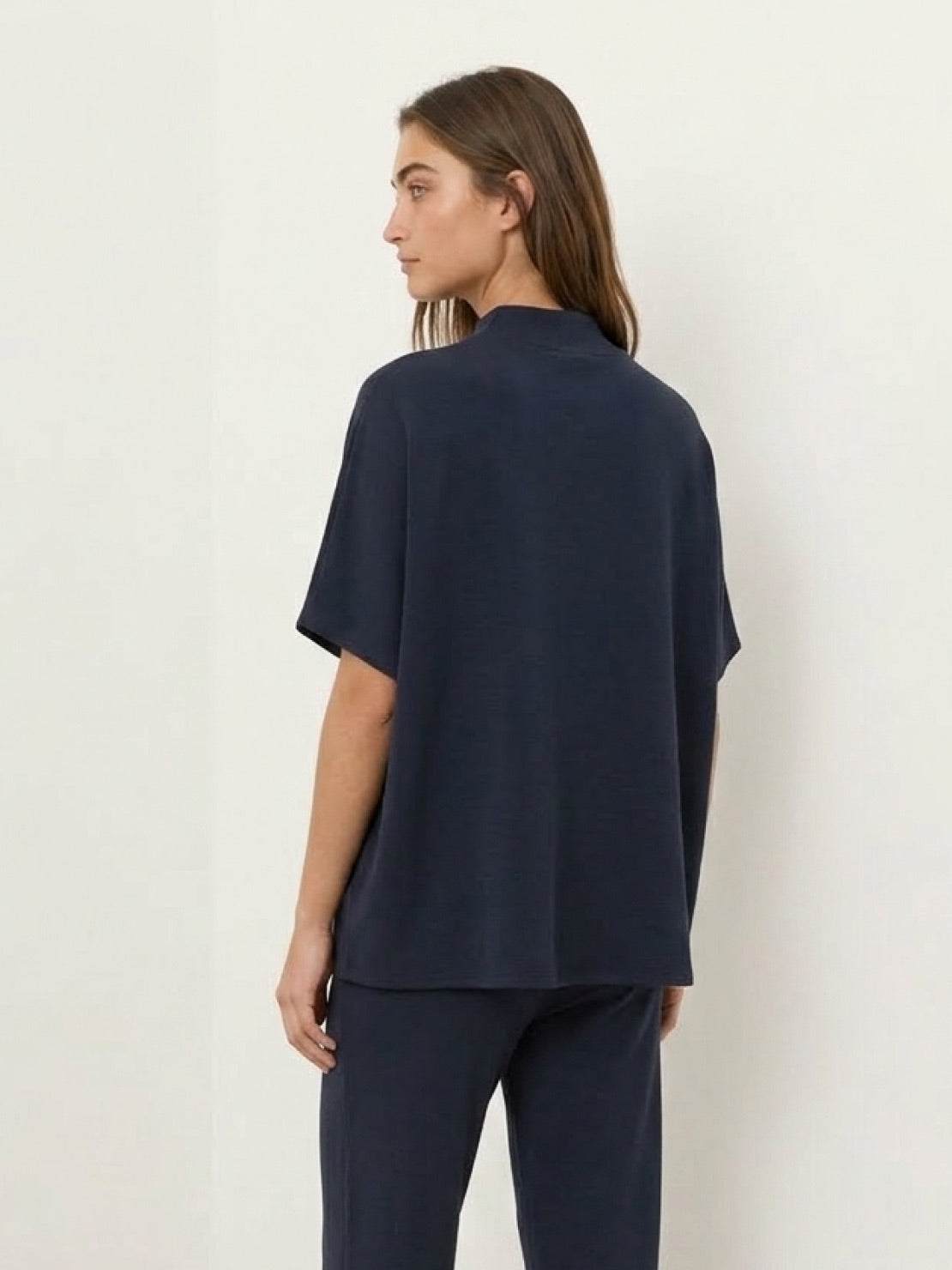 cotton-blend capelet lounge set with mock neck top and wide-leg pants in relaxed fit