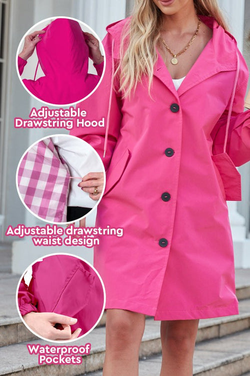 Barbara Pink Raincoat windbreaker jacket with adjustable hood, drawstring waist, and waterproof pockets in vibrant pink color