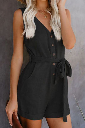 Black sleeveless Alluring V-neck Layered Romper with button front and waist tie belt