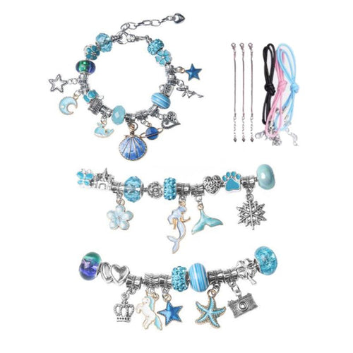 Kids bracelet-making kit with blue-themed charms, metal spacer beads, snake chain bracelets, and colorful cords for creative DIY jewelry crafting.