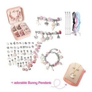 Kids Bracelet-Making Kit with beads, charms, chains, and bunny pendant for creative jewelry crafting.