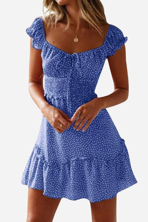 Blue sweetheart collar printed ruffled maxi dress with high waist and short sleeves