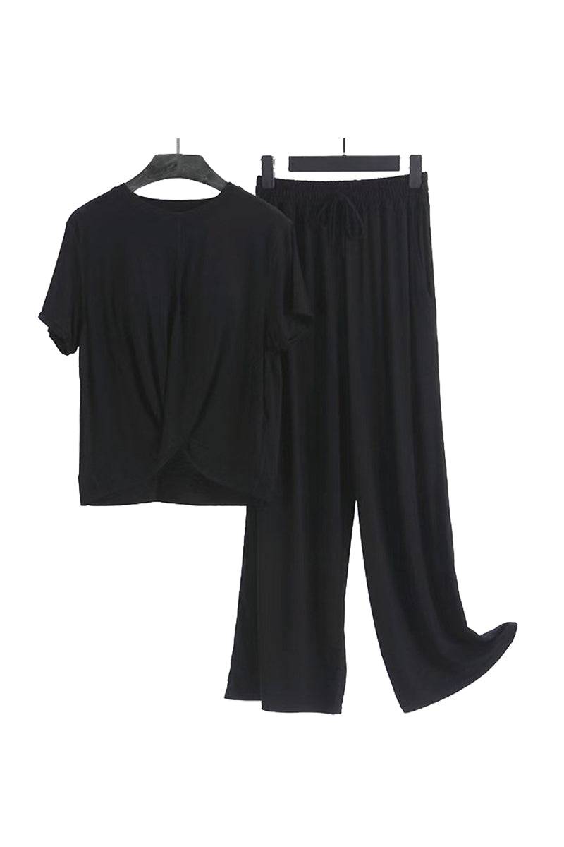 Black bamboo fiber pajama clothes set with short sleeve top and loose pants eco-friendly breathable fabric