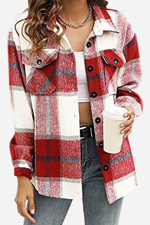 Women's long sleeve plaid flannel shirt in red and white with button pockets and casual fit