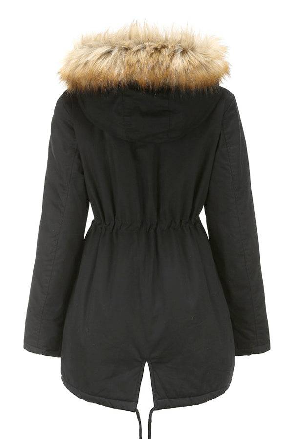 black large hooded velvet coat with fur trim on hood designed for warmth and style