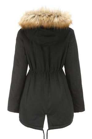 black large hooded velvet coat with fur trim on hood designed for warmth and style