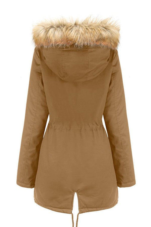 Back view of large hooded velvet coat with faux fur trim on hood in brown color