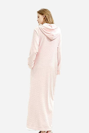 Stylish flannel nightgown with hood, soft thick material, zipper front, and cozy warm design.
