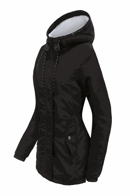Black casual hooded velvet coat with adjustable hood, water-resistant surface, elastic rib cuffs, and multiple pockets for outdoor comfort and style