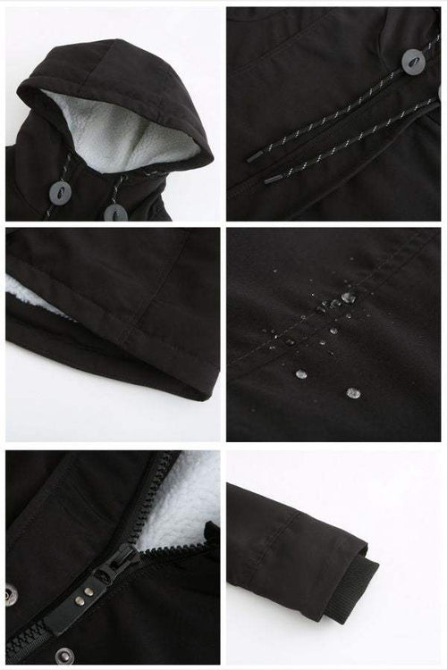 Black casual hooded velvet coat with adjustable drawstring hood, water-resistant surface, hidden elastic rib cuffs, and zipper closure details