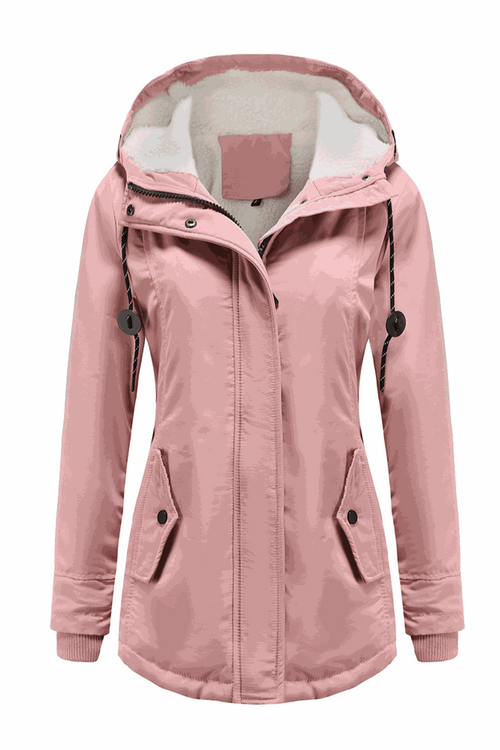 Pink casual hooded velvet coat with adjustable drawstrings, side pockets, and hidden rib cuffs for warmth and wind protection.