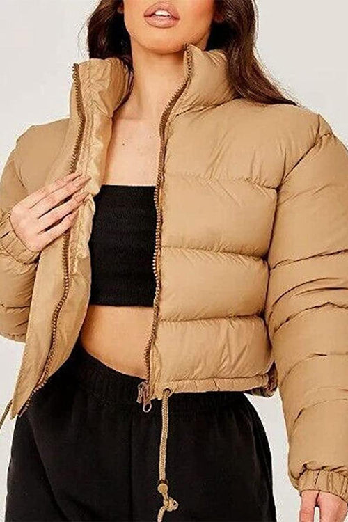 Beige cropped puffer jacket with high collar and drawstring hem for women