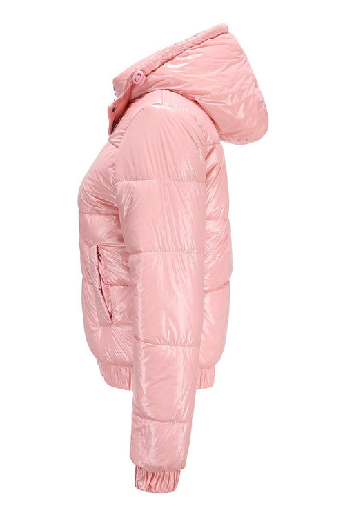 Pink reflective anti-splash puffer jacket with hood and slim fit design