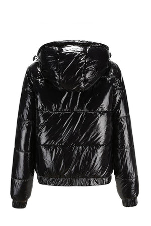 Black reflective anti-splash puffer jacket with hood and slim fit design