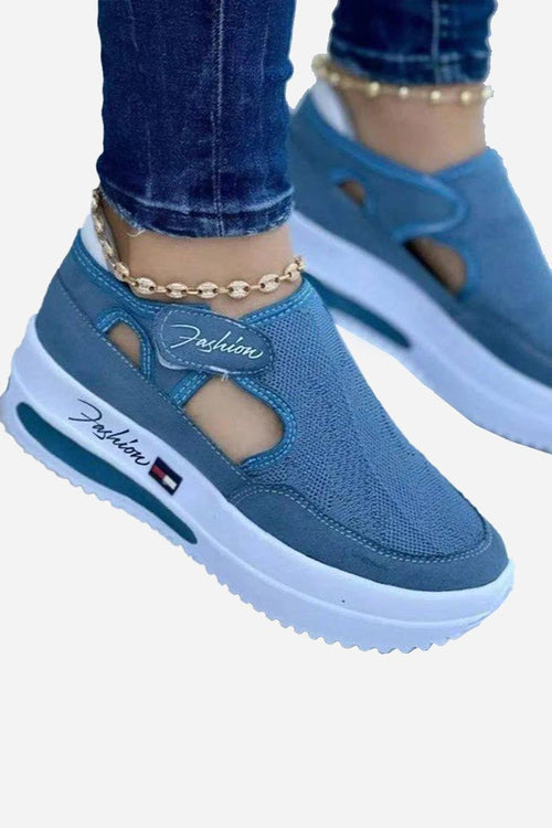 women's breathable wedge sneakers blue fly-woven upper non-slip sole velcro closure stylish casual shoes