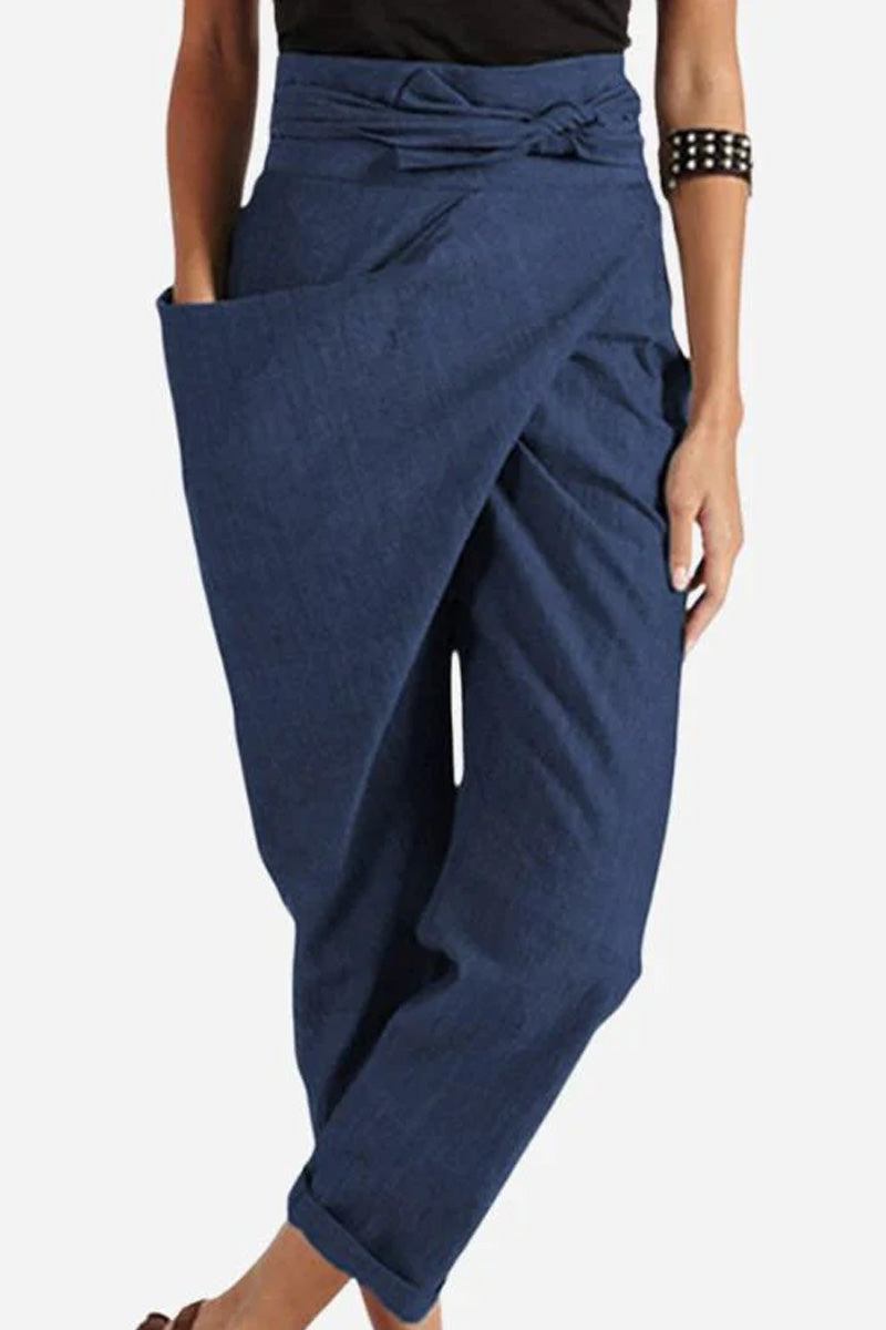 Women's high-waist wrapped pants in navy blue with loose fit and side pocket, breathable and lightweight design.