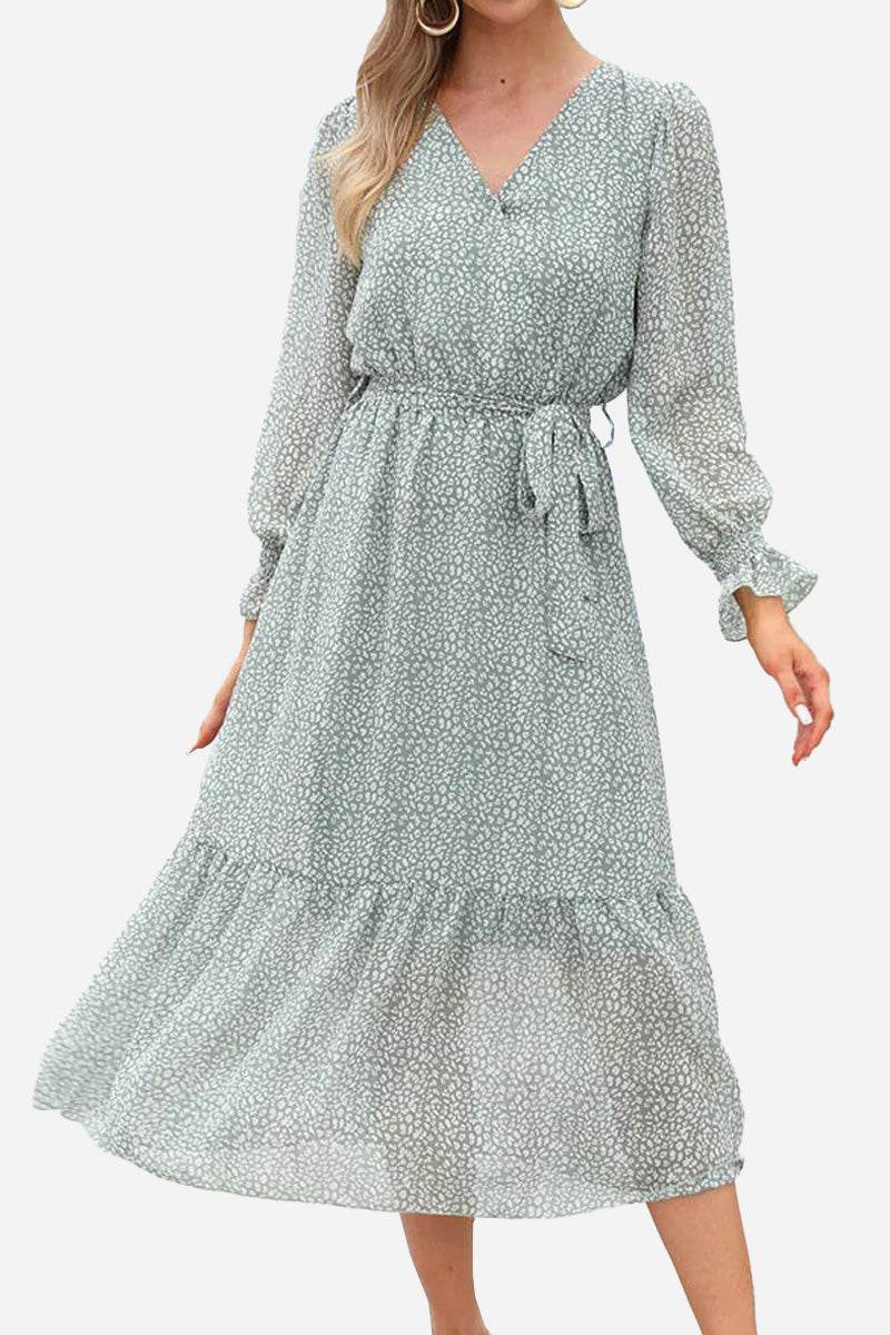 Bloom Wrap Midi Dress in chiffon with floral print, trumpet sleeves, and A-line silhouette