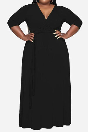Elegant plus size black belted dress with deep V-neck and 3/4 sleeves