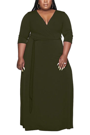 Plus size belted dress with deep V-neck and 3/4 sleeves in olive green