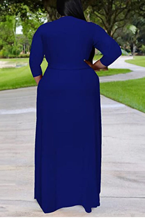 Plus size elegant belted dress with 3/4 sleeves and swing skirt in solid blue color