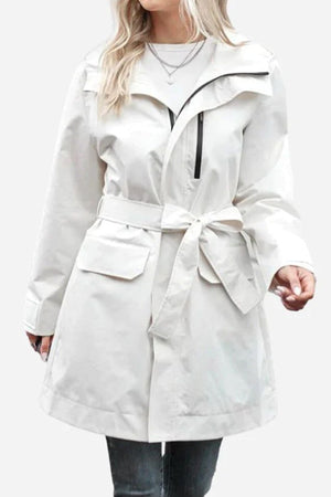 White water-resistant windbreaker trench jacket with trench-style belt and front pockets