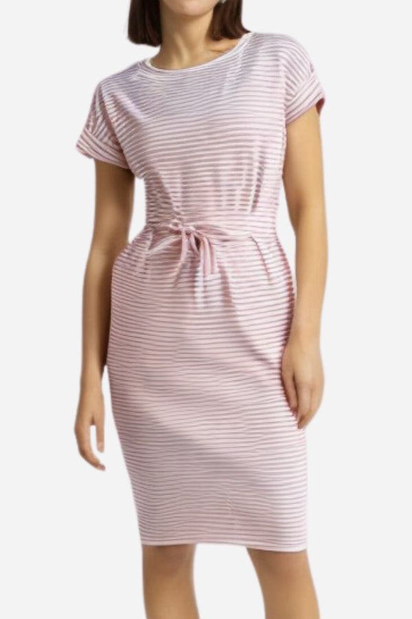 Woman wearing Airy Stripe Sheath Cotton Dress with short sleeves and tie waist belt