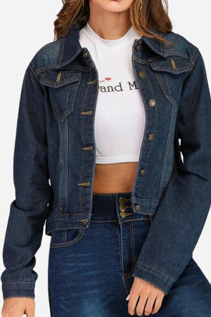 Urban Grace Stretch Denim Jacket in dark blue, classic design with button closure and front pockets, worn with high-waisted denim pants and white crop top.