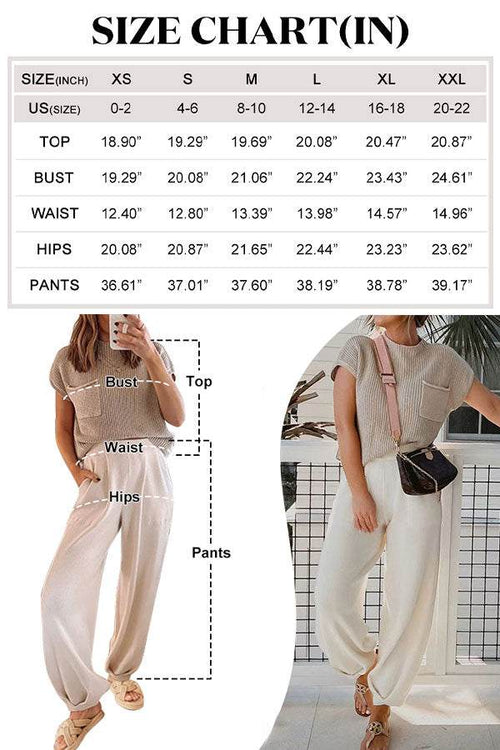 Comfy Couture Knit Sweater two-piece set with knit pullover and high-waisted pants in neutral tones with size chart and styling examples.