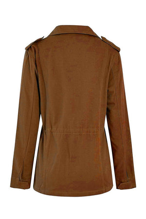 Brown women's fashion cargo utility jacket with long sleeves and adjustable waist, back view