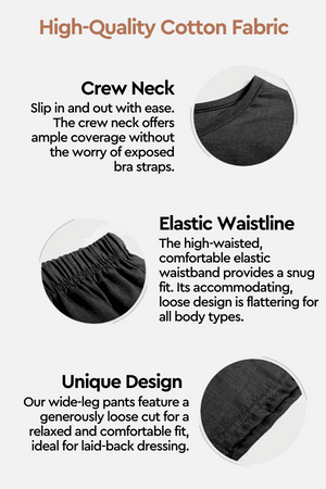 Comfy linen-like shirt with crew neck and elastic waistband shorts two-piece set in cotton fabric with loose fit and wide-leg pants design.