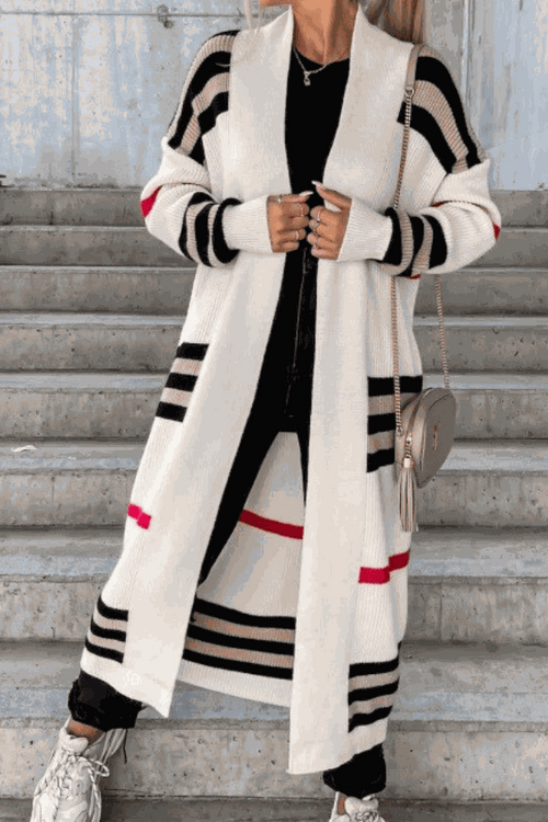 Cozy striped long knitted cardigan with oversized fit and comfortable fabric