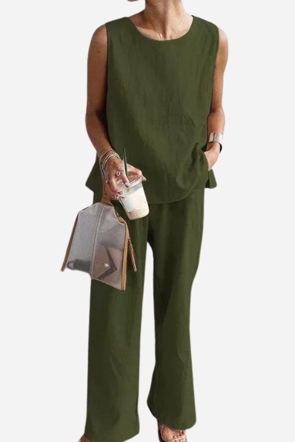 Loose solid color sleeveless two-piece set with oversized fit in olive green