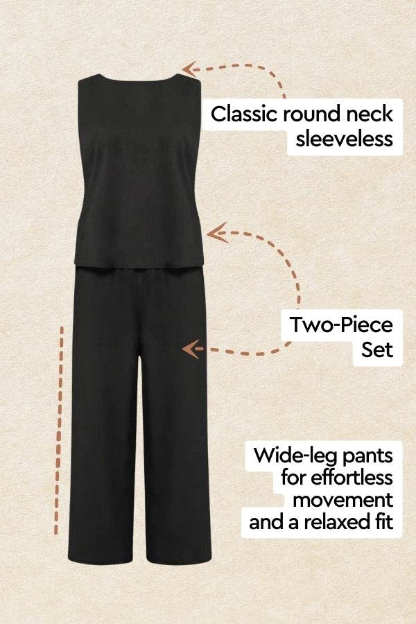 Loose solid color sleeveless two-piece set with classic round neck and wide-leg pants for relaxed fit and effortless movement