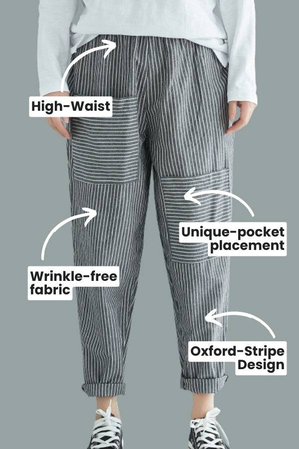 High waist striped pants with wrinkle-free fabric, unique pocket placement, and Oxford-stripe design.