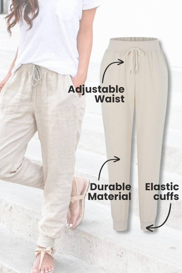 Relaxed chic elastic ankles pants with adjustable waist, durable material, and elastic cuffs in beige color.