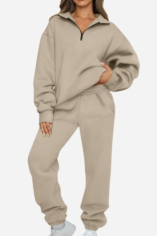 Ultra-soft and comfy co-ord tracksuit set in beige with zip-up collar and elastic cuffs