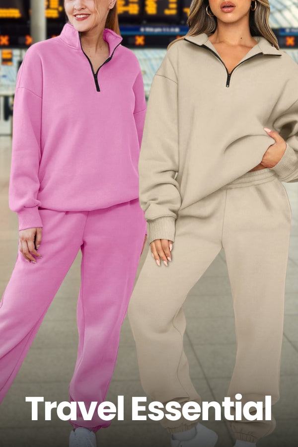 Women wearing ultra-soft and comfy co-ord tracksuit sets in pink and khaki colors at an airport, showcasing cozy travel outfits