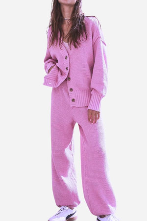 Two-piece knitwear relaxed co-ord set in soft pink with buttoned cardigan and loose pants