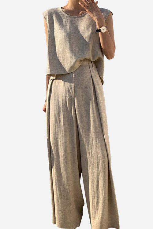 Woman wearing beige Casual Radiance Loose-Fit Combo top and wide-leg pants made from breathable cotton linen blend