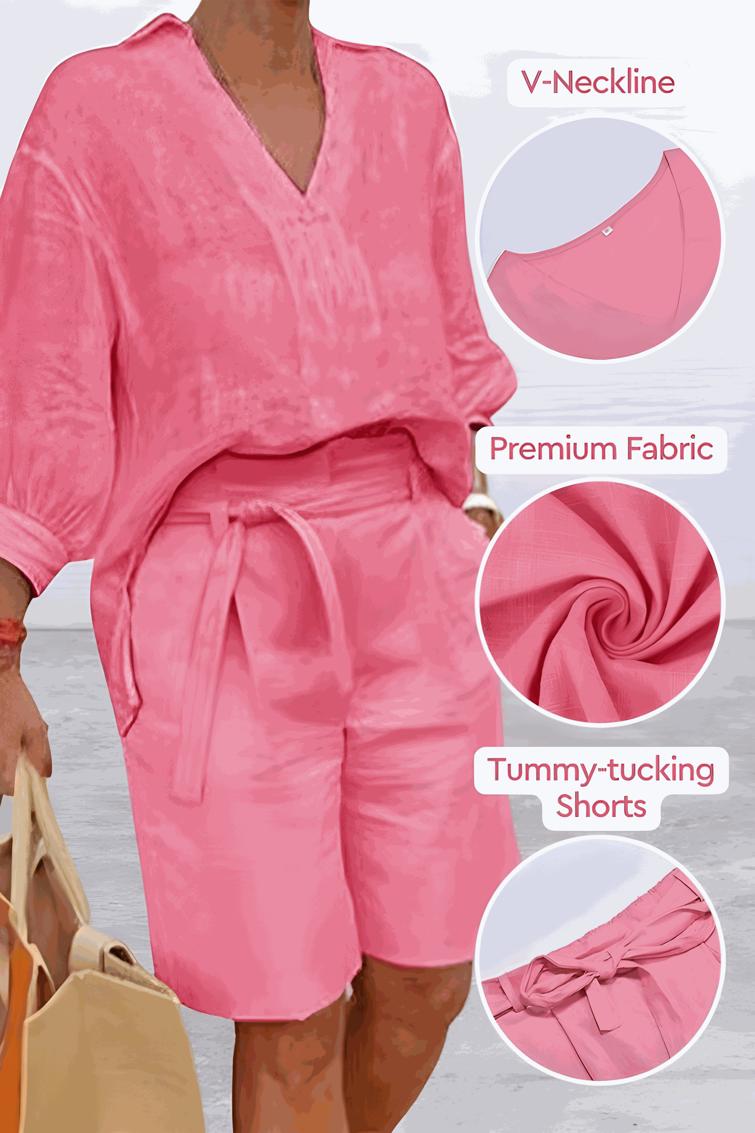 Pink two-piece set with loose V-neck shirt and high-waisted tummy-tucking shorts in premium cotton fabric