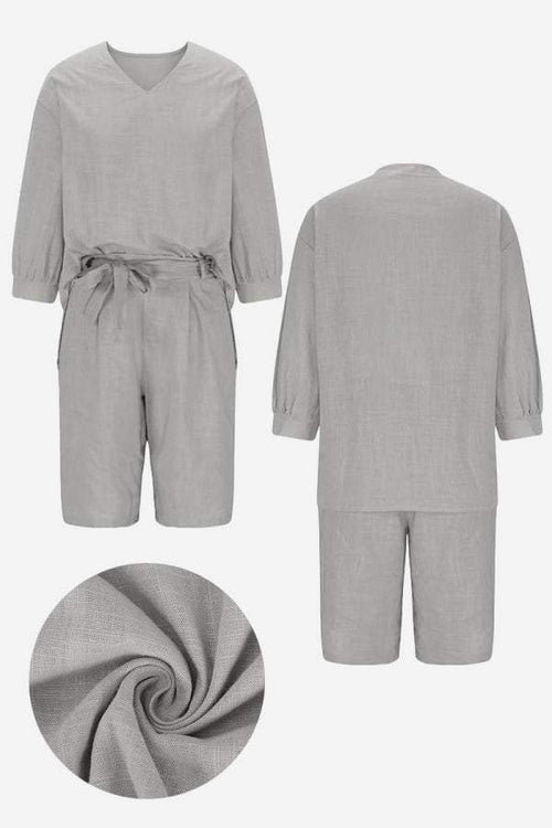 Gray two-piece set with loose long-sleeve shirt and high-waisted knee-length shorts in soft breathable cotton fabric