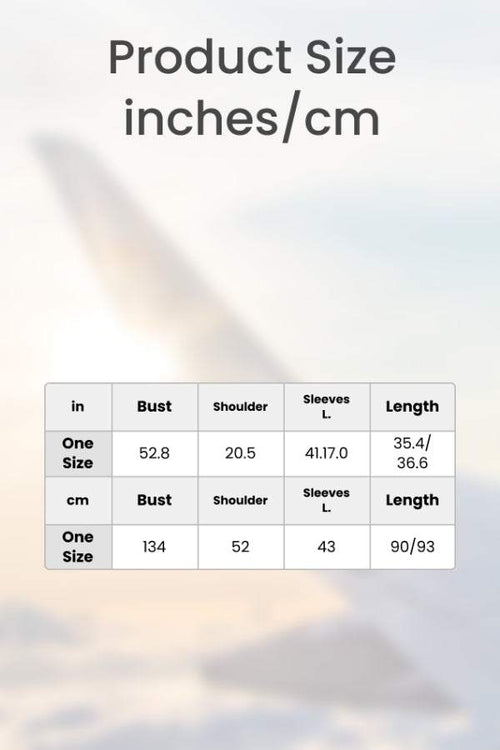 Size chart for Airy V-neck Tunic showing bust, shoulder, sleeves, and length measurements in inches and centimeters.