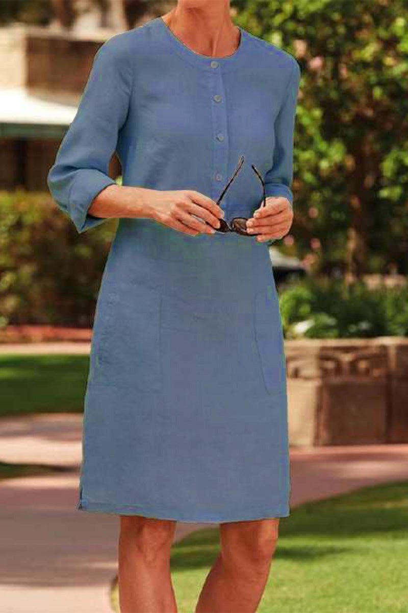 Blue casual cotton dress with 3/4 sleeves and button front design