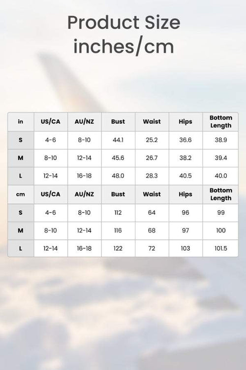 Multi-Weather Comfort two-piece oversized set size chart in inches and centimeters showing bust, waist, hips, and bottom length for sizes S, M, and L.