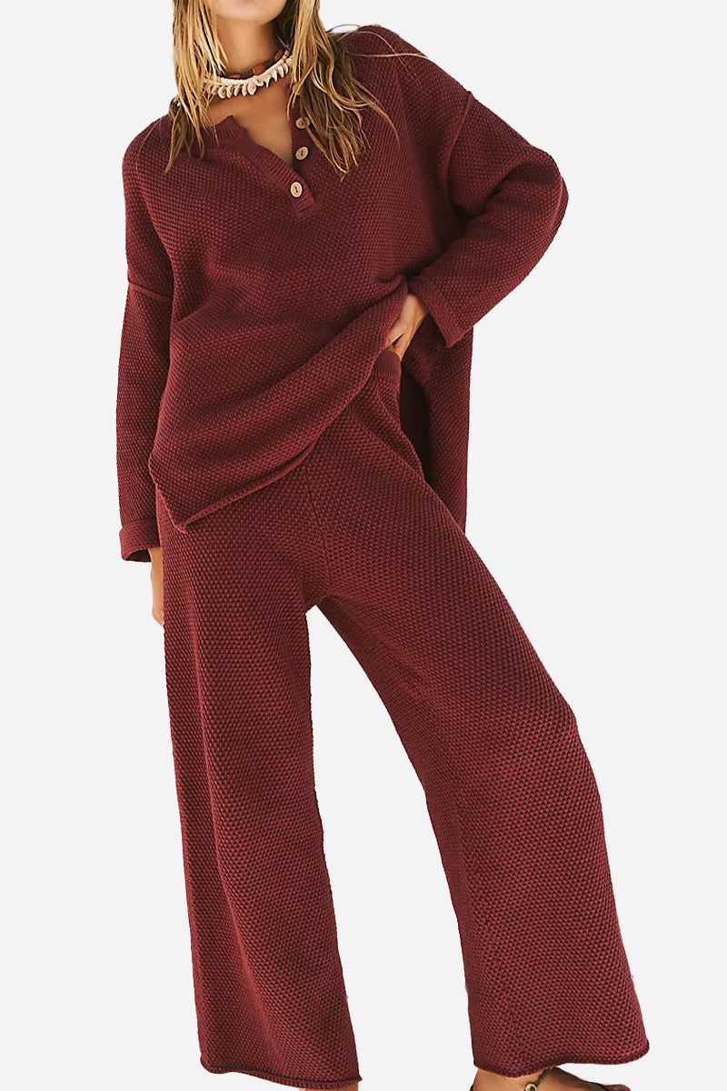Women's multi-weather comfort oversized two-piece set in dark red with textured fabric and relaxed fit