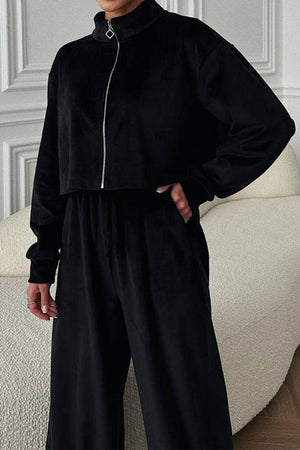 Black velour zip up cropped sweatshirt with wide leg pants leisure two-piece co-ord set