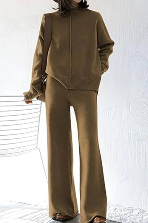 Brown high neck sweater and wide leg pant set with center seam and relaxed fit for a cozy stylish look