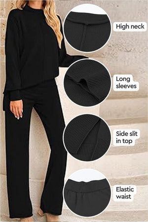 Black high neck sweater and wide leg pants set with long sleeves, side slit top, and elastic waist.