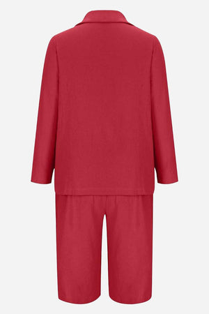 Red blazer and high-waisted shorts two-piece set back view for women